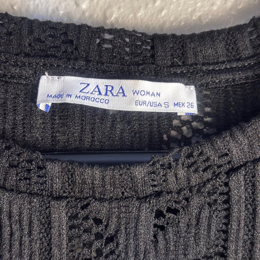 Zara Black Lace Knit Short-Sleeve Womens Top Size S Ribbed Hem Elegant Design - Picture 3 of 16